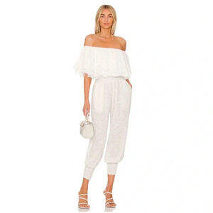 MISA Bita White Clip Dot Ruffle off Shoulder Harem Jumpsuit White Size S NWT